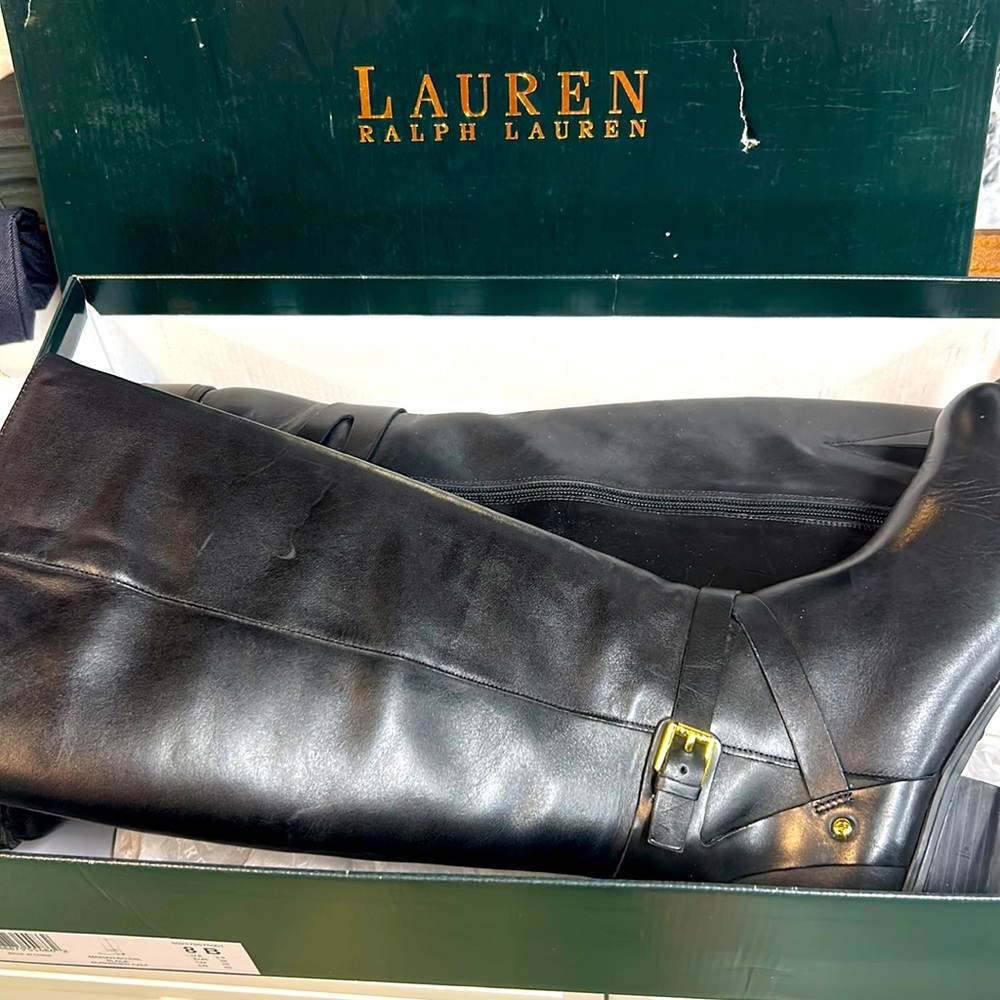 Black leather knee high riding boots zipper